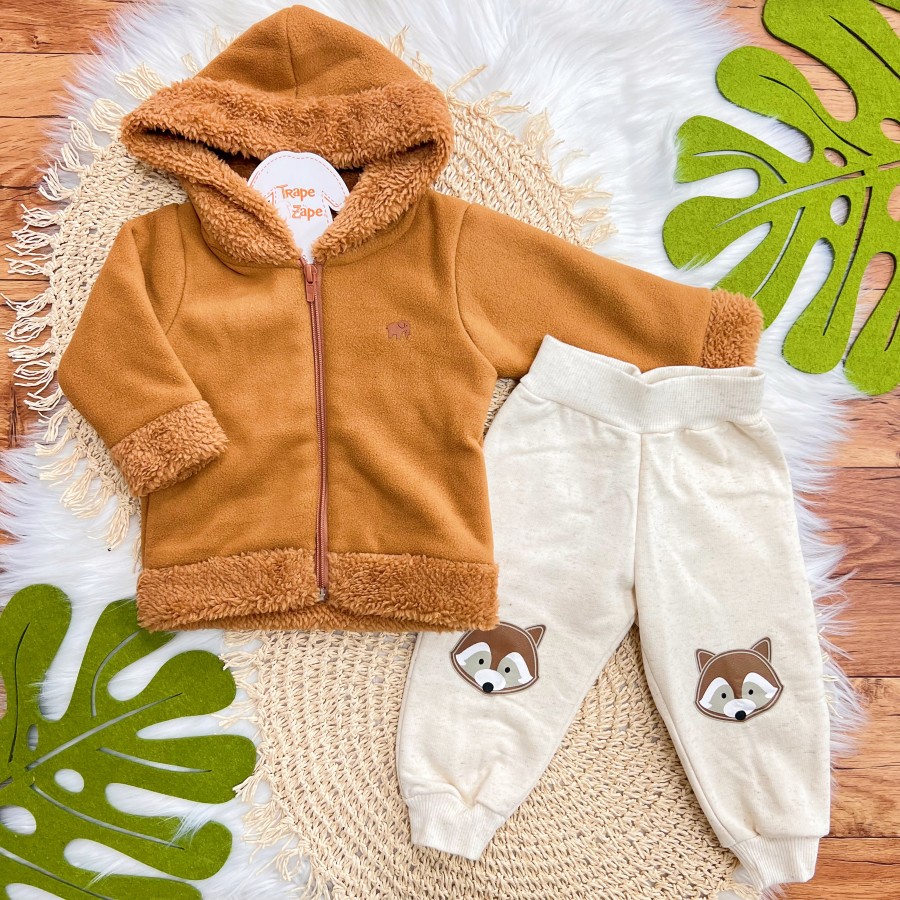 Conj. Jaqueta de Soft com Capuz e Calça de Linho Raposinha - Caramelo